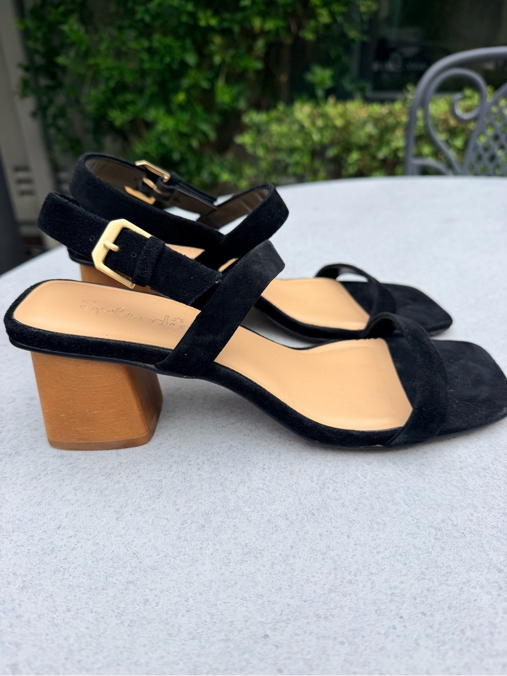 Splendid Black Suede Block Heel Sandals with Tan Wood Heel